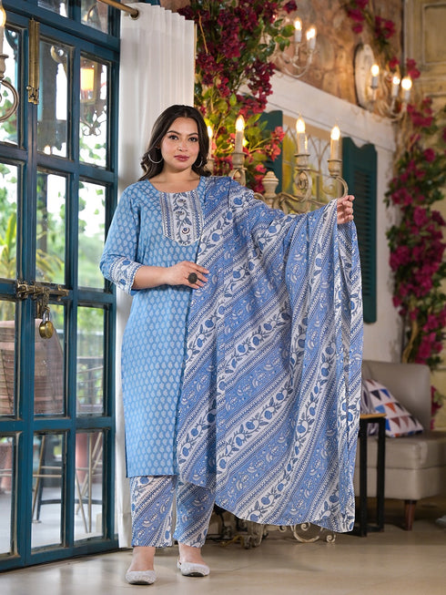 Women Plus Size Blue Pure Cotton Kurta Set With Dupatta